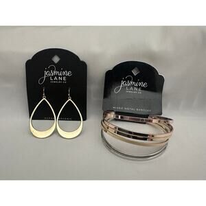 Gold Teardrop Earrings & Mixed Metal Bangles Set New by Jasmine Lane Jewelry Co.